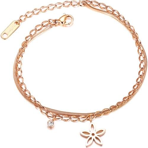 Starbeauty Rose Gold Lotus Titanium Anklet Bracelet Dual Anklet Chain Beach Anklets for Women Barefoot Sandals Ankle Leg Jewelry