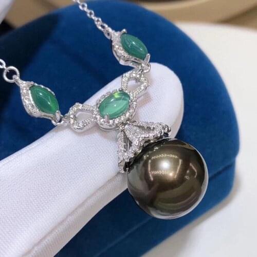 D721 Pearl Necklace Fine Jewelry Round 13-14mm Fresh Water Peacock Green Black Pearls Pendants Necklaces for Women Presents