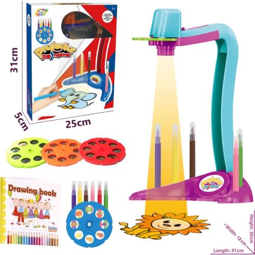 Children Drawing Projector Learning Projection Painting Machine Toy with 6 Color Brushes 3 Slices for Boys Girls Gift
