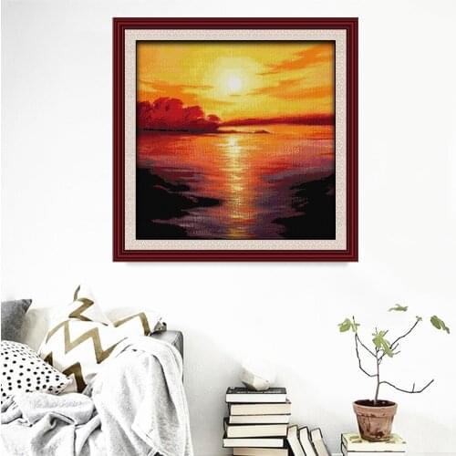 HUACAN Cross Stitch Sunset Kits White Canvas Embroidery Sea Home Decoration Sets Patterns Needlework 11CT 14CT DIY Gift
