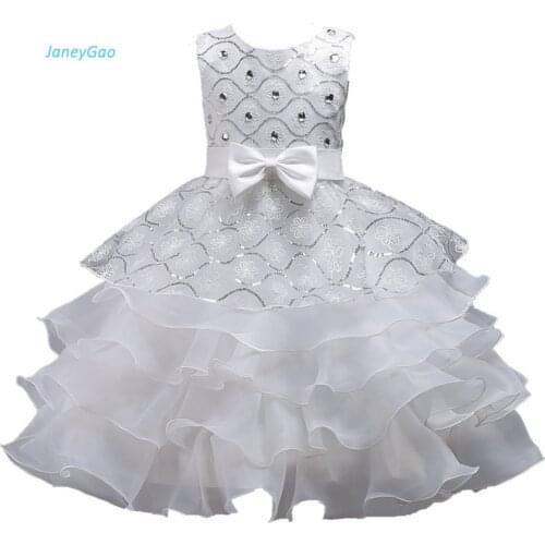 JaneyGao Flower Girl Dresses For Wedding Party Elegant White With Sequins Tiered Dresses For Little Girl Formal Gown In Stock