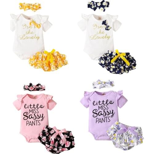 0-18M Newborn Baby Girl Clothes Sets 3pcs Letter Ruffles Short Sleeve Romper Tops Flowers Printed Shorts Headband