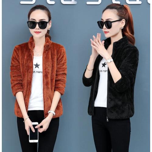 Autumn Winter New Double-sided Fleece Jacket Womens Short Tops Warm Loose Coat Plus size 4XL Coral fleece Female Wool Outwear