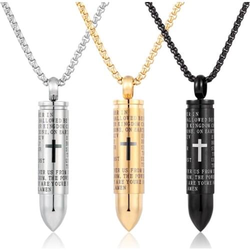Men Necklace Bullet Pendant Stainless Steel Cross Necklaces Chain Bible Christian Punk Rock Jewelry