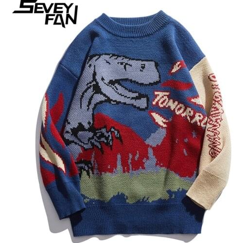 SEVEYFAN Mens Fashion Dinosaur Jacquard Sweaters Color Contrast Loose Kintwear Hip Hop Pullover Sweater for Couples