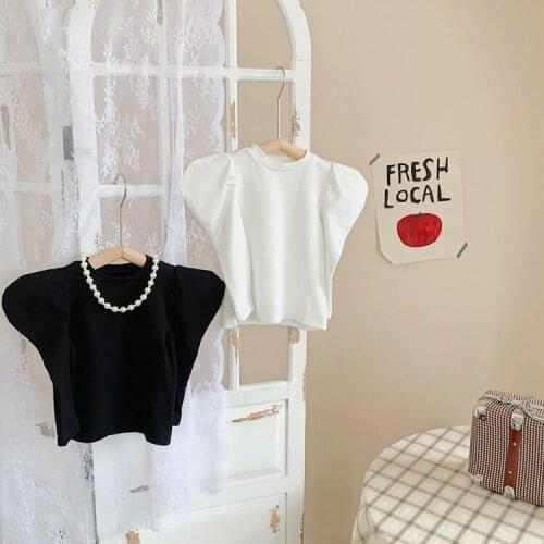 New 2021 Autumn Baby Girls Puff Sleeve T-shirts Korean Style Pure Elastic Knitted Kids Tops Solid Color Toddlers Children Tees