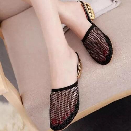 2021 New Women Slippers Mules Half Slides with Heels Round Toe Mesh Hollow Out Golden Sandals for Female Slip on Summer Shoes