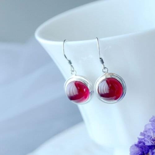 Authentic 925 Sterling Silver Earring Inlaid Artificial Ruby National Style Creative Flower Circular Eardrop Fine Jewelry Gift