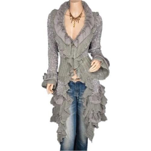 Autumn Winter Lace Ruffle Knitted Sweaters Loose Womens Wool Cardigan Sweaters Solid