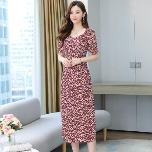 Fashion new summer V-neck Long dress French retro puff sleeve small floral dress female