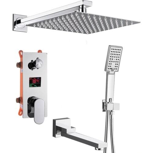 Quyanre LCD Digital 3-way Shower Faucet Set Ultrathin Shower Head with LCD Display Mixer Tap 180 Swivel Tub Spout Bath Shower