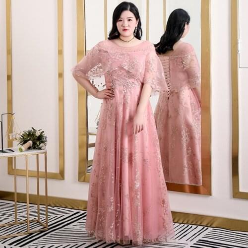 Pink Evening Dresses A-line O-Neck Lace Half Sleeve Women Party Dress Floor-length Appliques Bling Plus Size Formal Gowns D414