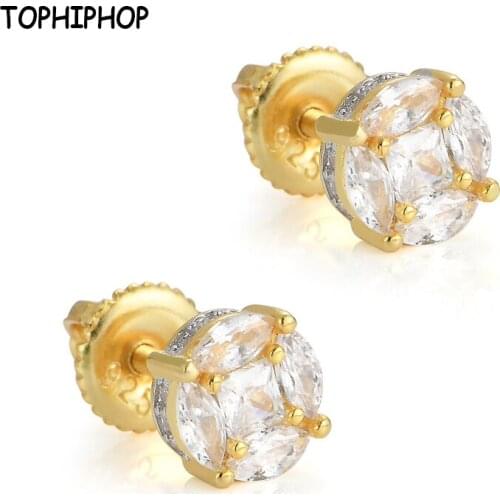 TOPHIPHOP Golden Ice Cube Zircon Earrings Screw Back Buckle Fashion Mens Womens Jewelry Hip Hop Rock Jewelry
