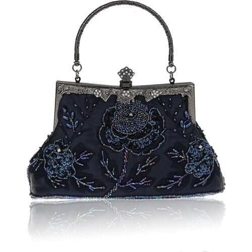 Navy Blue Chinese Womens Beaded Sequined Banquet Handbag Clutch Party Bridal Evening Bag Hand Purse Makeup Bag 03331-1-E