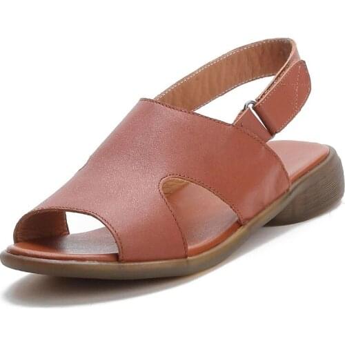 Brand Women Sandals 2021 New Open Toe Low Heel Shoes Soft Bottom Real Leather Summer Casual Flat Sandals Female Sandalias Mujer