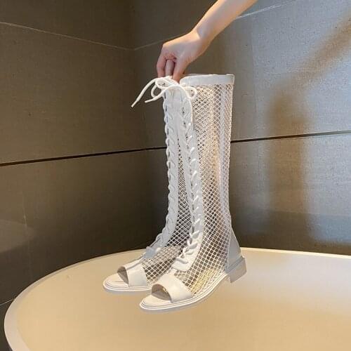 MEZEREON Open Toe Zipper Thigh High Boots Rome Gladiator Sandals Women Hollow Shoes Breathable Mesh Leather Summer Boots Lace-Up