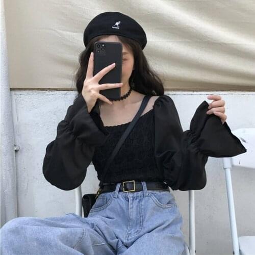 Ins Black Preppy Style Women Shirts Spring Autumn Square Collar Ladies Tops Fashion Brand Crop Top Blusas Mujer De Moda New