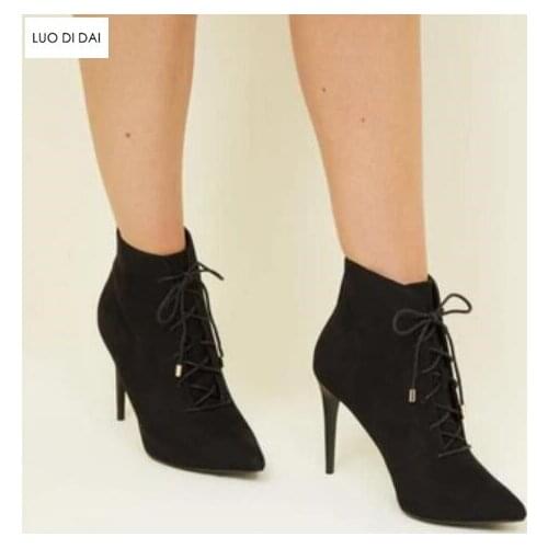 2020 new autumn women lace up ankle boots women suede booties ladies point toe black boots party shoes basic working shoes