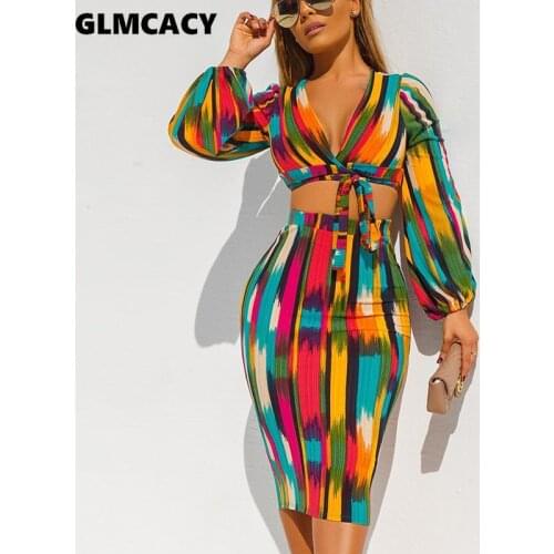 Women Long Sleeve Tie V Neck Crop Top and Midi Skirt Set Sexy Two Pieces Party Clubwear Elegant Boho Beachwear