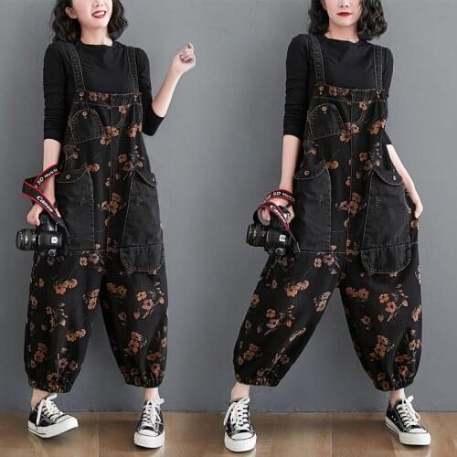 Women M-2XL Dungaree Bib Cargo Pants Trousers Jumpsuit Romper Playsuit Flower Printed Overalls