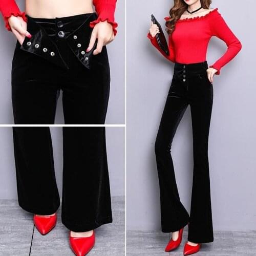 Winter Fall Elegant Women High Waist Black Glitter Flare Velour Trousers , Office Ladies Womens Fleece Warm Navy Velvet Pants