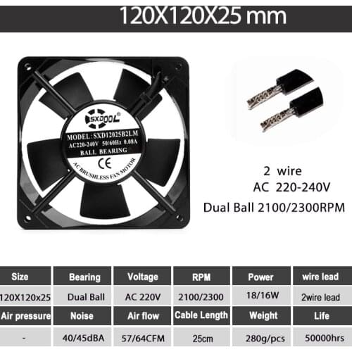 1pcs 220v fan 120mm SXDOOL 240V Dual Ball Bearing 120X120X25mm 50/60Hz metal Frame AC Fan Exhasut Fan Indsutry Cooling Fan