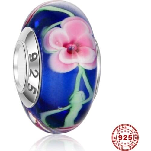 5pcs High Quality 925 Sterling Silver Core Dark Blue Pink Flower Lampwork Murano Glass Beads Fit European Charms Bracelet DSG17