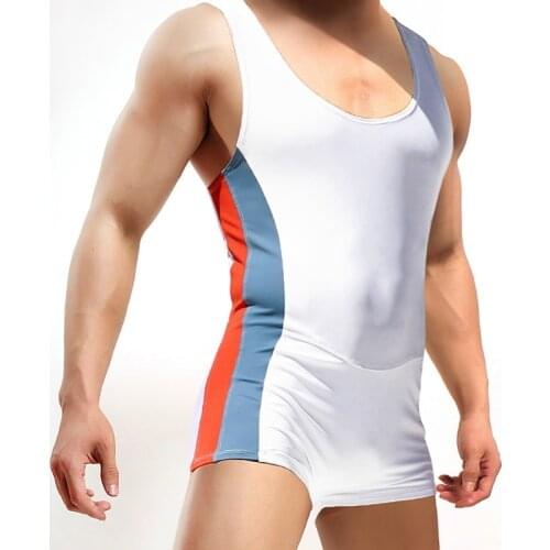 Constrast Stripe Men Bodysuit Bodywear Sexy Male Slimming Body Shaper Underwear Elastic Wrestling Singlets Workout Undershirt