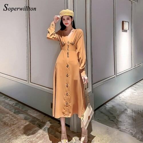 Korea style Long Womens Dresses Full Sleeve single-breasted elegant button V Neck A line Dress for Women ladies vestidos