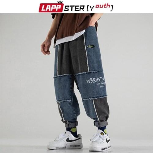 LAPPSTER-Youth Men Printed Streetwear Patchwork Jeans 2021 Spring Mens Korean Fashions Denim Pants Male Drawstring Joggers 5XL