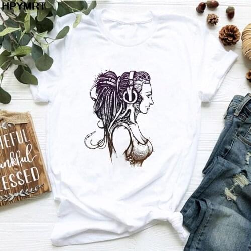 T-shirt Fashion Beautiful girl with headphones Printed T Shirt Summer Womens Tshirts Casual Short Sleeves Vogue Tops Female Tee