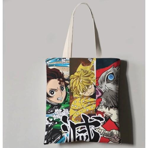 Anime Demon Slayer Kamado Tanjirou Printed Canvas Shopping Bag Reusable Ladies Tote Bag Daily Beach Bag