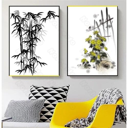 Chinese Canvas Painting Poster and Print Black and White Ink Pictures Bamboo Art Little Daisy for Home Rooms Wall Decoration