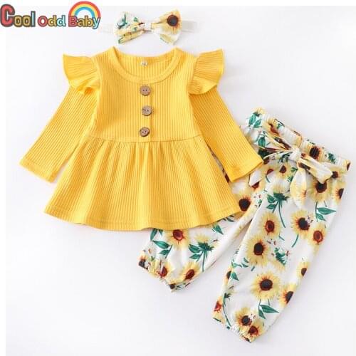 3Pcs Spring Newborn Infant Clothing Fashion Baby Girl Clothes Set Yellow Knitted Top Sunflower Print Pants Headband Fall Outfits