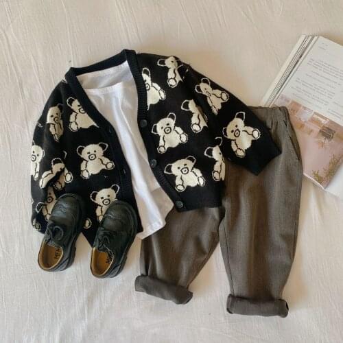 Koodykids Autumn Unisex Kids Boys Black Cardigan Outfits Kids Boys Girls Casual Knitting Bear Cardigan Coat Spring Knitting Tops