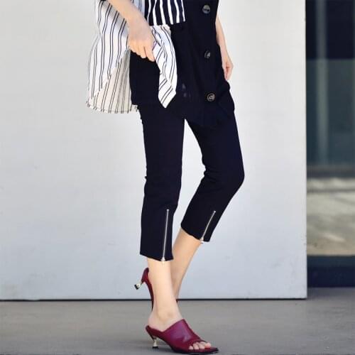 MICOCO K2362C Artistic versatile pants with zipper design elastic waist stretch seven split leggings