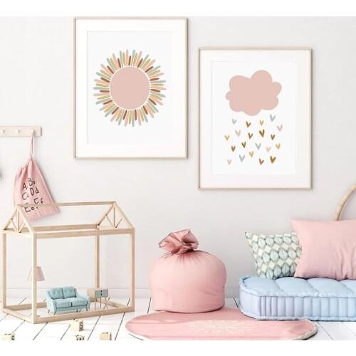 Lovely Colored Mountain Clouds Sunshine Cartoon Canvas Painting Print Poster Picture Wall Art for Kids Room Bedroom Home Decor