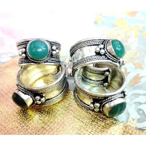 Fashion Jewelry green stone Bead Ring old Tibet Silver Buddhism Nepal Ring Adjustable Unisex Gift one ring
