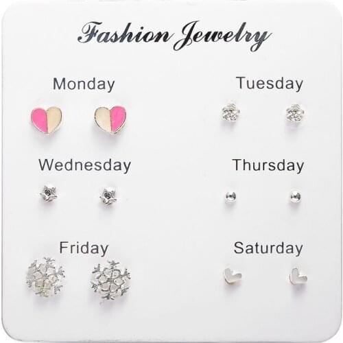 2019 One Week Earring Set Lovely Star Leaf Heart Stud Earrings For Women 6 Pairs/set Brincos Daily Party Gift Jewelry