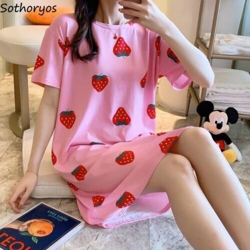 Nightgowns Women Strawberry Printed Pink Lovely Large Size 2XL Long New Designed Sweet Home Wear Trendy Skin-friendly Hot Sale
