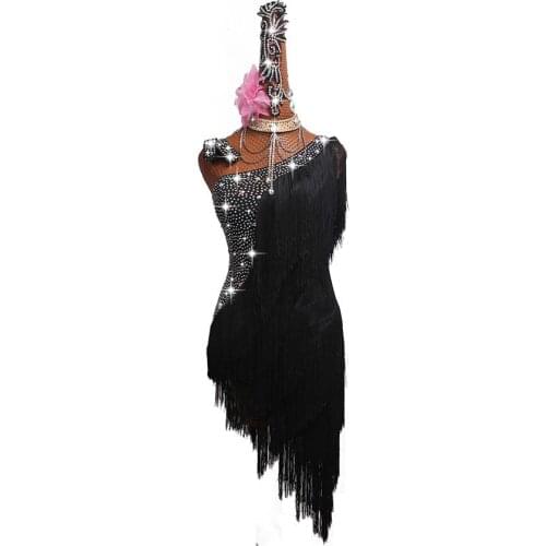Latin dance dress competition dress black shoulder fringed skirt shiny #LD048