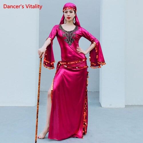 Belly Dance Robe Sequins Dress Long Sleeve Performance Clothes Female Adult Elegant Split Skirt Profession Competition Clothing