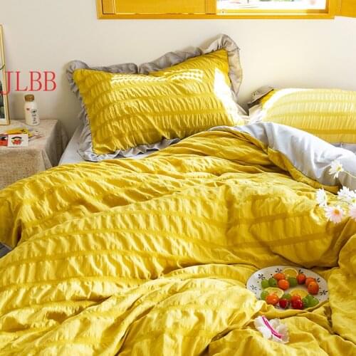 High Quality Seersucker Bedding Set 4PCS Duvet Cover Flat Sheet Washed Cotton AB Side Home Linens Ruffles Art Style Bedclothes