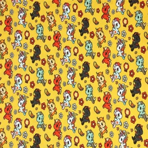 Cartoon Unicorns Print Yellow 100% Cotton Fabric for Girl Clothes Bedding Set Hometextile Cushion Cover Backpack DIY