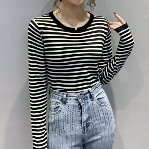 Women Autumn and Winter Tops Korean Style Long Sleeve Stripes Sweater Female New Fashion Slim Fit Slimming Round-Neck Pullovers