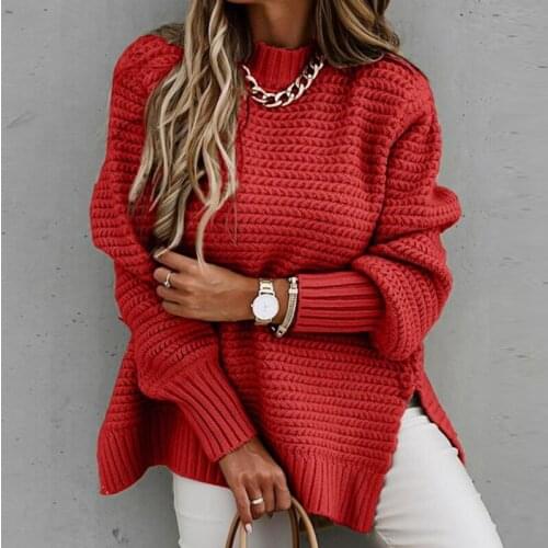 Womens Knitted Sweater Fashion Round Neck Lantern Long-Sleeved Pullover Blouse Female Winter Leisure Loose Slit Ladies Sweater
