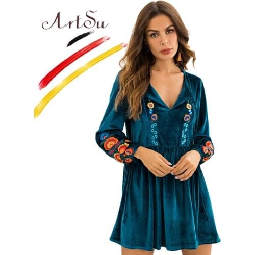 ArtSu 2018 Autumn Winter Pink Green Retro Floral Embroidery Velvet Dress Casual Robe Femme V-Neck Long Sleeve Women A-Line Dress