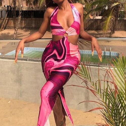 Plazson Sexy Club Party Hollow Out Side Split Long Dress Women Summer Halter Neck Backless Laced Up Bodycon Beach Dresses