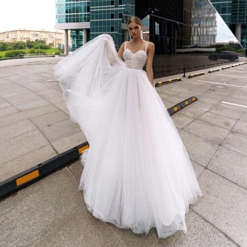 Sexy Beading Spaghetti Straps Top Lace A Line Wedding Dresses Sweetheart Tulle Floor Length Robe de Mariee Bridal Gowns