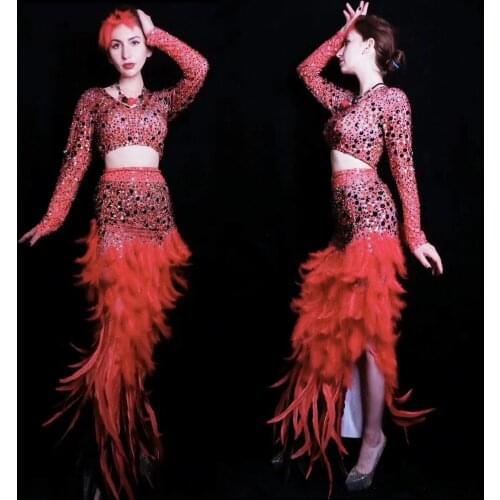 Sexy Rhinestones Feather Latin Dance Long Dress Red Crystal Evening Party Dress Set Women Slim Flamenco Singer Stage Outfit Sets